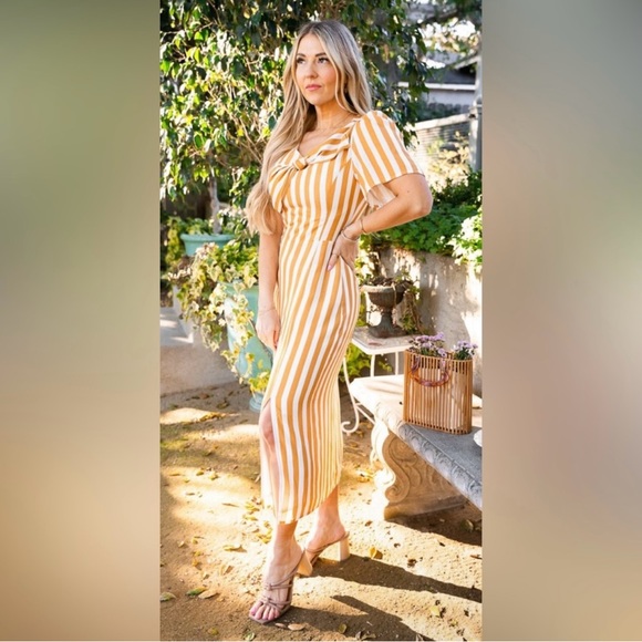 Ivy City Co Dresses & Skirts - Lucille dress features a classic white base with unique mustard stripes.